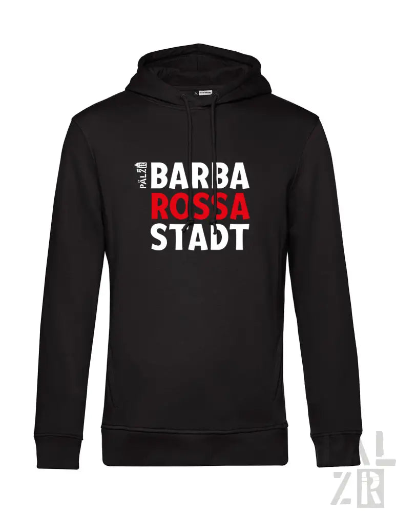Schwarze Kapuzenjacke mit dem Text ’barba rossa stadt’ in Weiß und Rot auf der Vorderseite, mit Kapuze und Kordelzügen.
