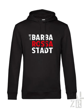 Schwarze Kapuzenjacke mit dem Text ’barba rossa stadt’ in Weiß und Rot auf der Vorderseite, mit Kapuze und Kordelzügen.