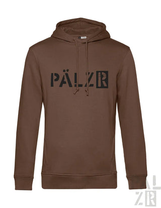 Braune Kapuzenjacke mit schwarzem ’pälzr’-Logo auf Vorderseite und Kapuzenschnüren.