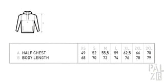 Kapuzenpullover mit einer halben Brustumfangmaß von 49 cm für Größe XS und Körperlänge von 68 cm, mit standardmäßigen Größenmaßen über alle Größen von XS bis 3XL