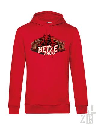 Rote Kapuzen-Sweatshirt mit einem Grafikmotiv eines Teufels und dem Text „betze 1900“ über der Brust.