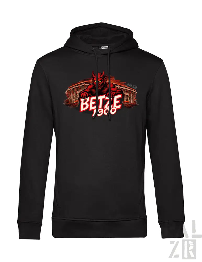 Schwarzes Hoodie mit rotem Teufel-Grafik und Text „betze 1900“ über der Brust.