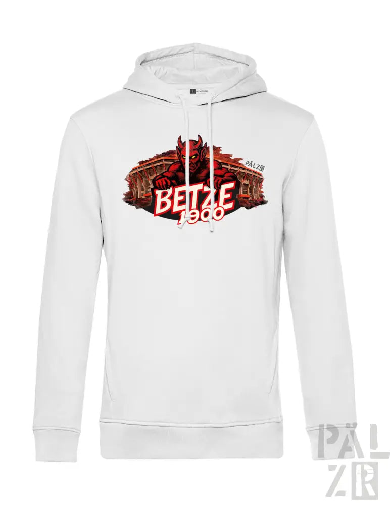 Weiße Kapuzen-Sweatshirt mit einem fetten rot-schwarzen Grafik eines Teufels und dem Text „betze 1900“ über der Brust.