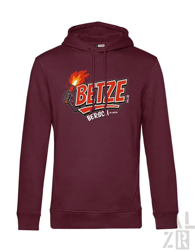 Bordeaux-Farbenes Hoodie mit ’bltze’-Grafik und Flammen-Design, Material eines Hooded Sweatshirts.
