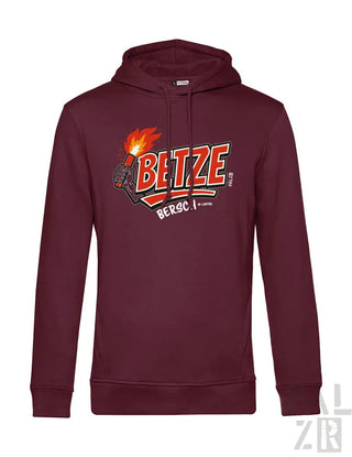 Bordeaux-Farbenes Hoodie mit ’bltze’-Grafik und Flammen-Design, Material eines Hooded Sweatshirts.