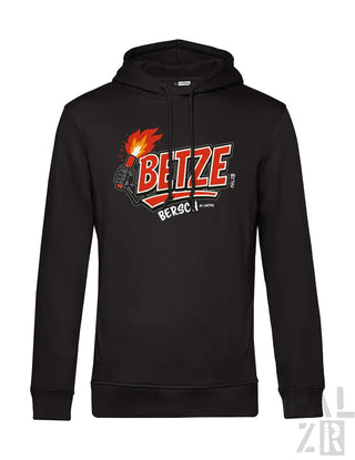 Schwarze Hoodie mit Flammen-Design und ’bltze’-Text.