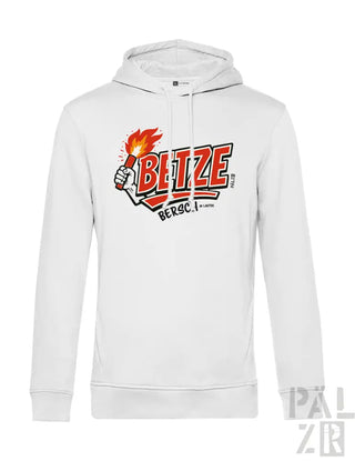 Weiße Hoodie mit ’blize’-Logo und Flammen-Design, Baumwollmaterial.
