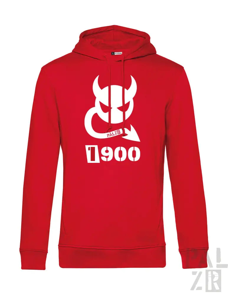 Rote Kapuze mit weißem Teufel-Design und „1900“-Text, Nike-Marke.