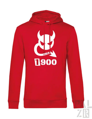 Rote Kapuze mit weißem Teufel-Design und „1900“-Text, Nike-Marke.