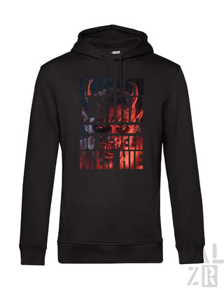 Schwarzes Hoodie mit rotem Teufel-Design und Text „you spell meslie“ auf der Vorderseite, aus Baumwolle gefertigt.