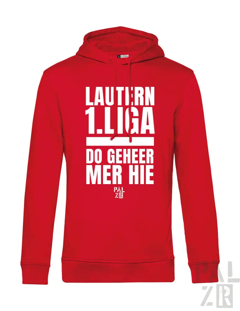 Rote Kapuzenjacke mit weißem Textdesign, das „lautern 1“ zeigt.