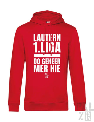 Rote Kapuzenjacke mit weißem Textdesign, das „lautern 1“ zeigt.