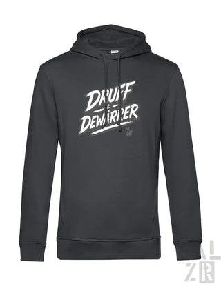 Dunkelgraue Kapuzenjacke mit weißem ’druff dewarpper’-Grafikdesign.