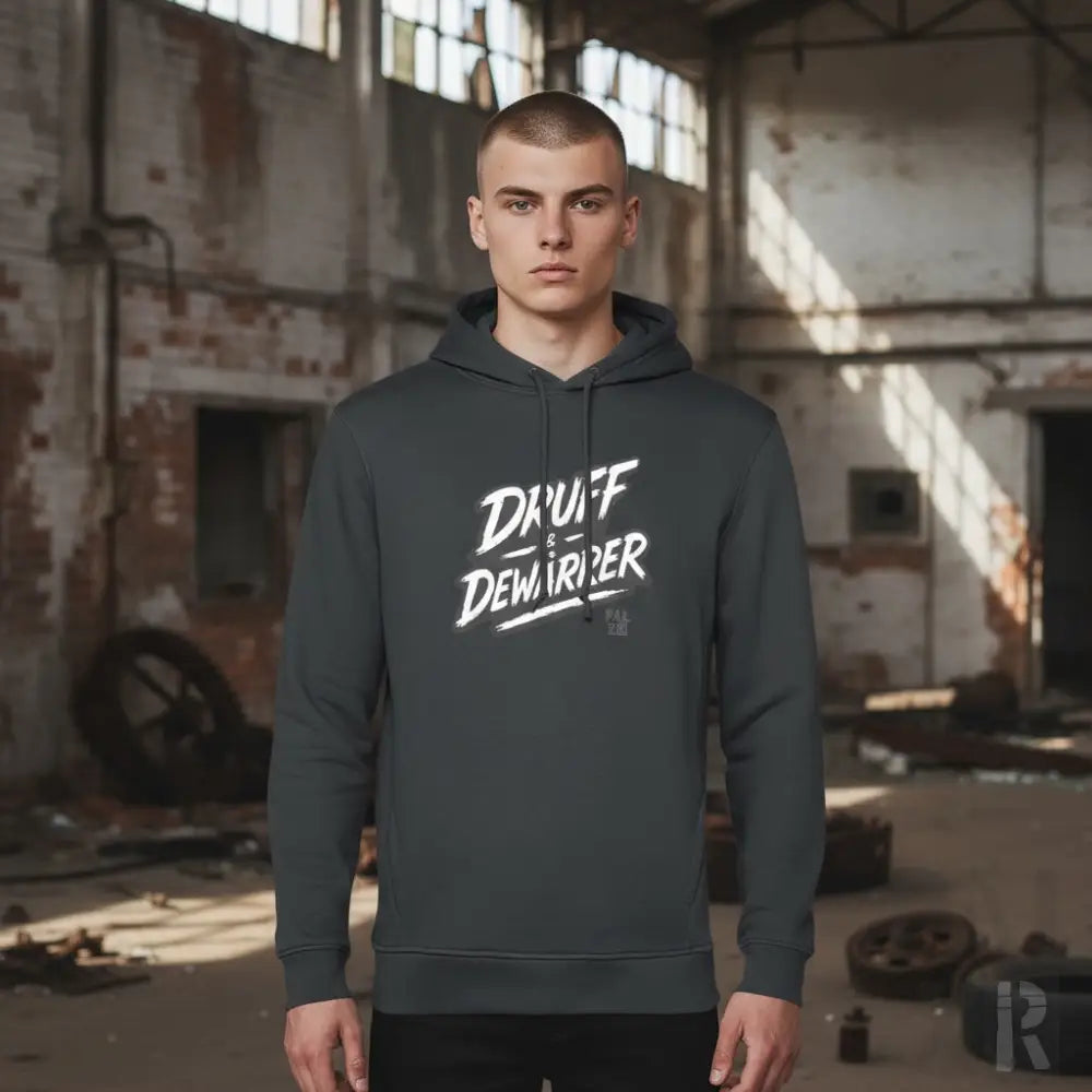 Anthrazitfarbene Kapuzenjacke mit weißem ’draff dewirzer’ Textdesign, aus weichem Baumwollmischgewebe.