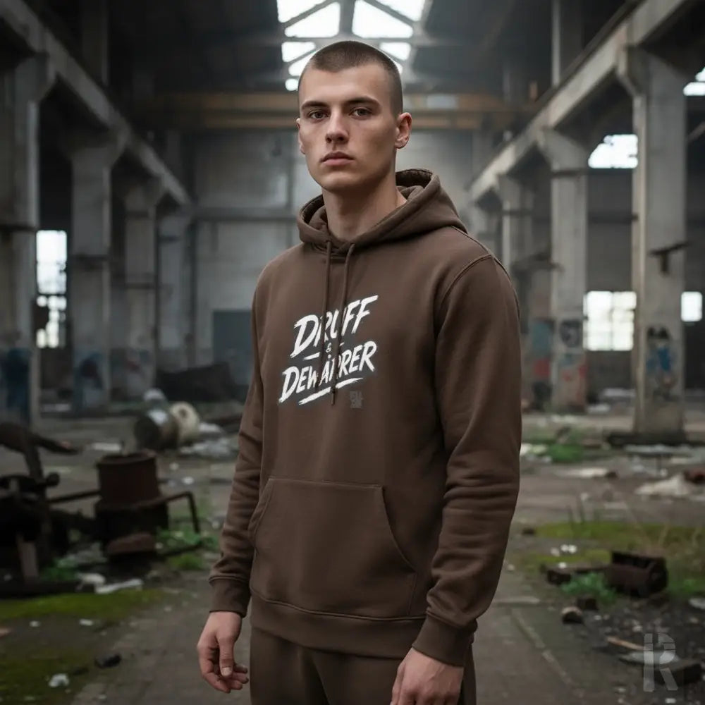 Brauner Hoodie mit ’drift demoliner’ Grafikdesign, aus Baumwolle gefertigt.