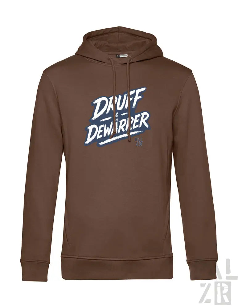 Brauner Hoodie mit ’druff dewarpper’-Grafikdesign, hergestellt aus einer Mischung aus Baumwolle und Polyester.