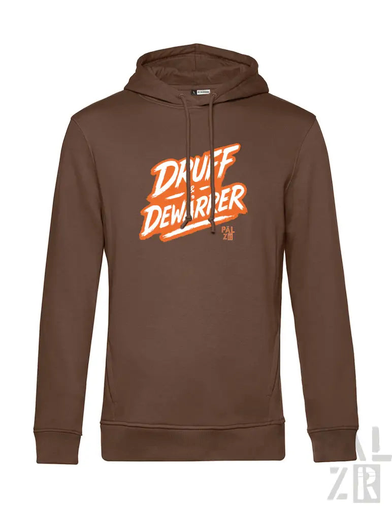 Brauner Hoodie mit ’dauft dewarrper’-Grafik in orange-weißem Design, aus Baumwolle gefertigt.