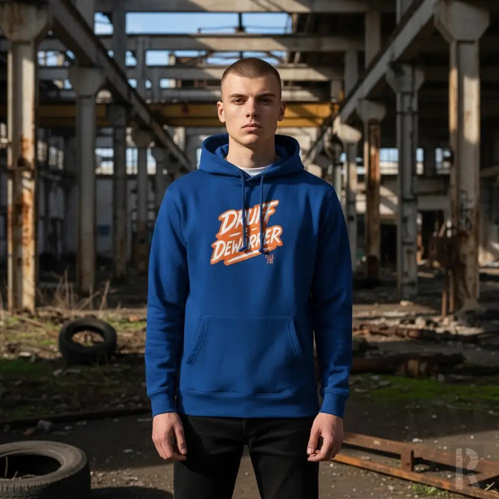 Königsblaues Hoodie mit ’Dune Demoner’-Grafik in Orange und Weiß.