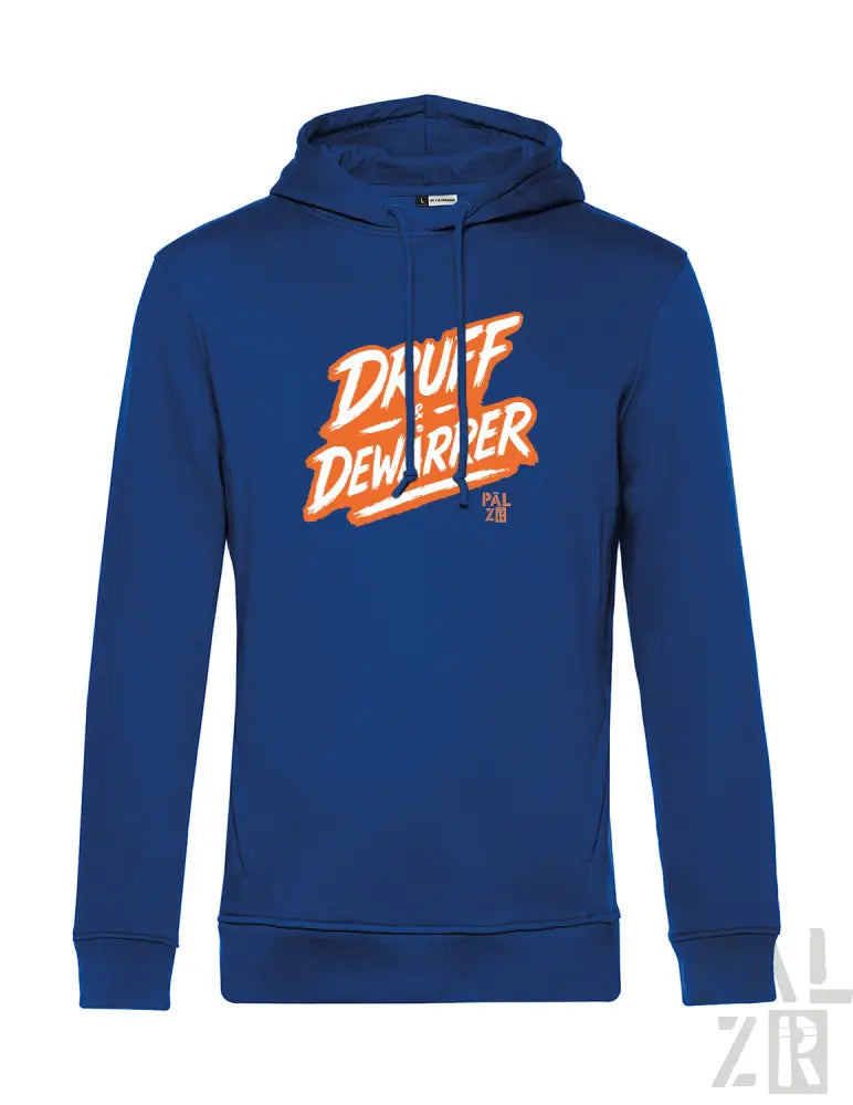 Königsblaues Hoodie mit ’dauff dewarrper’-Grafik in Orange- und Weißdesign, mit Känguru-Tasche.