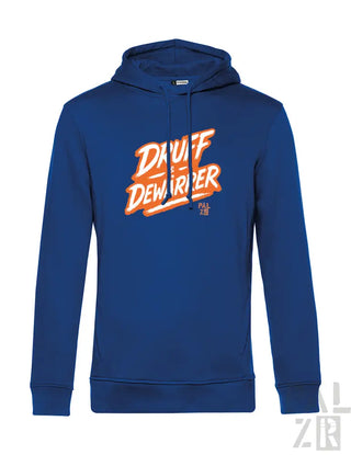Königsblaues Hoodie mit ’dauff dewarrper’-Grafik in Orange- und Weißdesign, mit Känguru-Tasche.