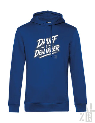Königsblaues Hoodie mit weißem ’drauff dewarpper’ Grafikdesign.
