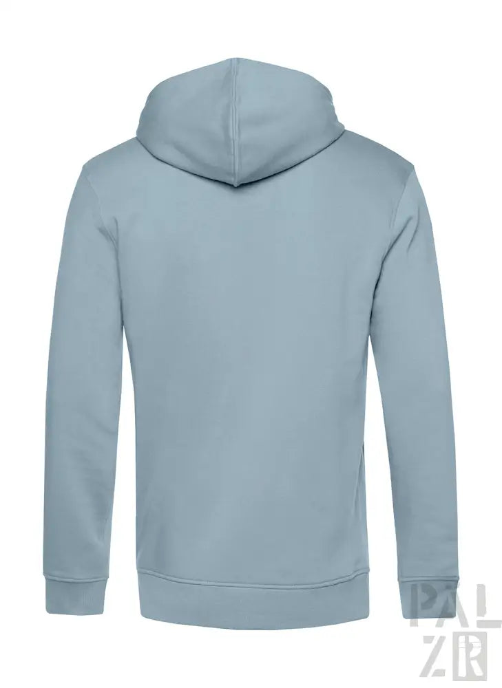Hellblauer Hoodie mit Kapuze und langen Ärmeln.