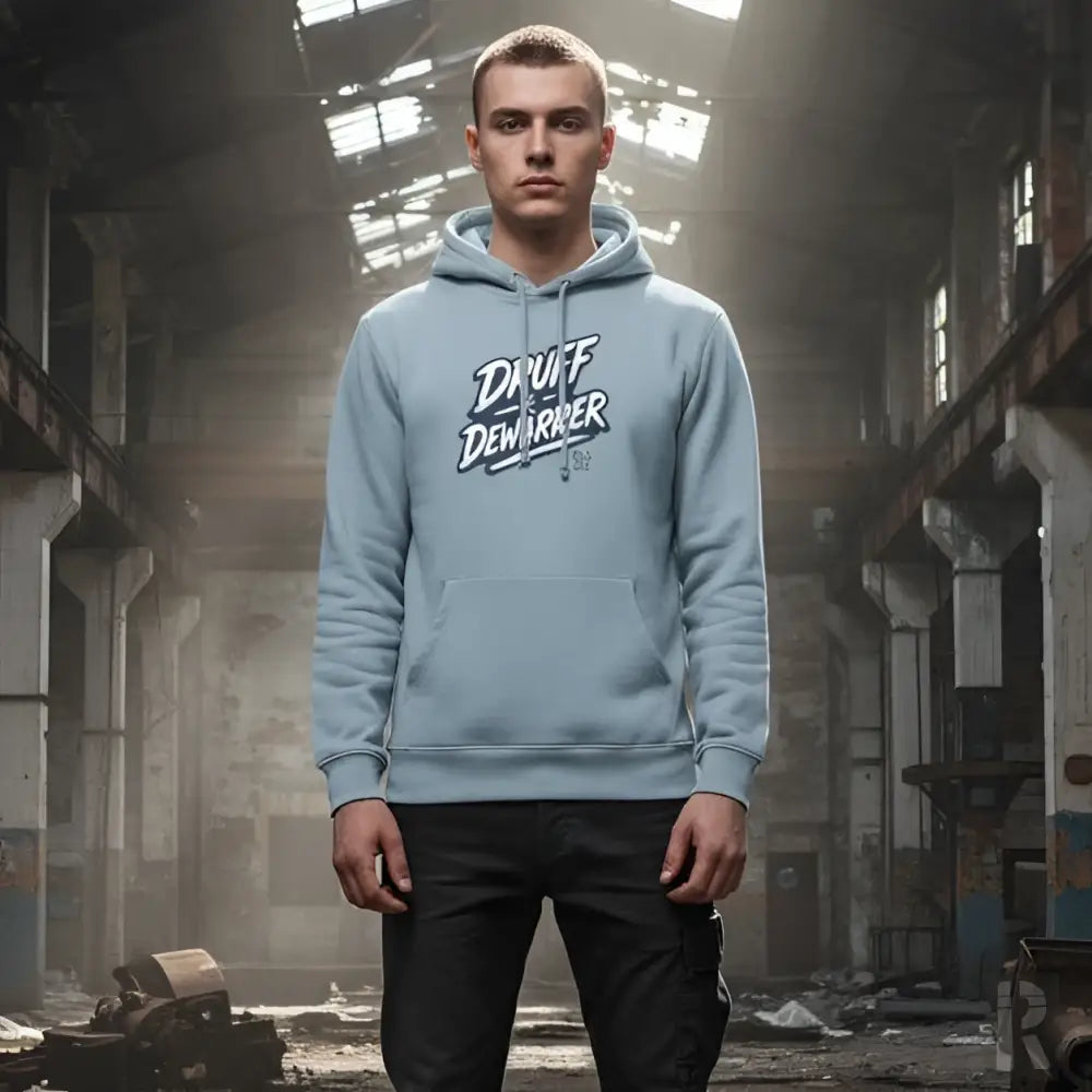 Hellblaues Hoodie mit ’duvate dewarrier’ Grafikdesign, hergestellt aus einer Baumwolle- und Polyestermischung.