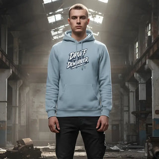 Hellblaues Hoodie mit ’duvate dewarrier’ Grafikdesign, hergestellt aus einer Baumwolle- und Polyestermischung.