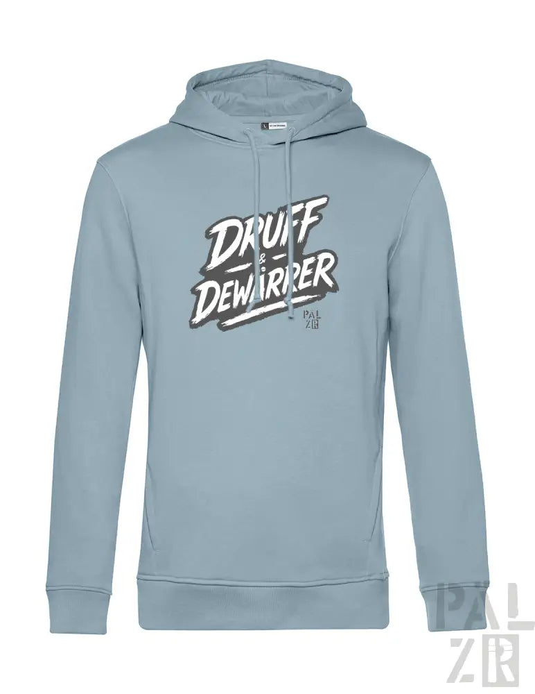 Hellblauer Hoodie mit ’druff dewarrer’ Grafikdesign, Kapuzen-Sweatshirt.