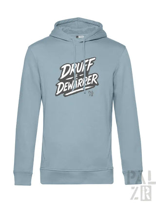 Hellblauer Hoodie mit ’druff dewarrer’ Grafikdesign, Kapuzen-Sweatshirt.