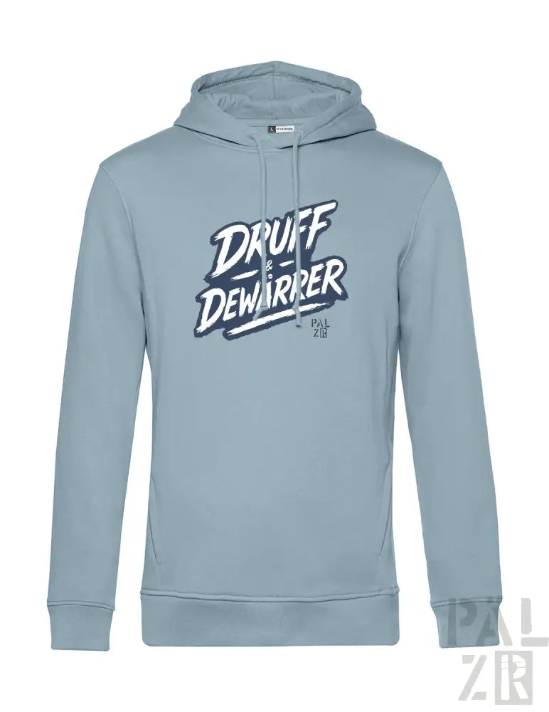 Hellblaues Hoodie mit ’druff dewarrer’ Grafikdesign, hergestellt aus einer Baumwoll- und Polyestermischung.