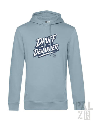Hellblaues Hoodie mit ’druff dewarrer’ Grafikdesign, hergestellt aus einer Baumwoll- und Polyestermischung.