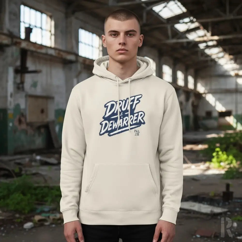 Cremeweiße Kapuzenjacke mit ’druff dewarrier’-Grafik in Blau und Weiß.