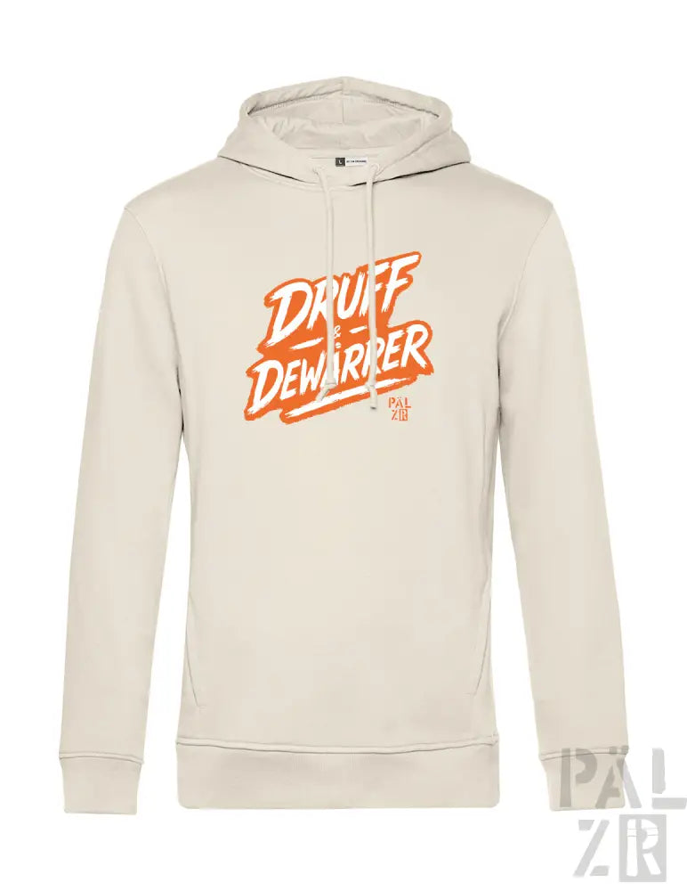Creme-Farbenes Hoodie mit orange-farbenem Grafikdesign, Text ’druff dewarrer’.