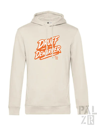 Creme-Farbenes Hoodie mit orange-farbenem Grafikdesign, Text ’druff dewarrer’.