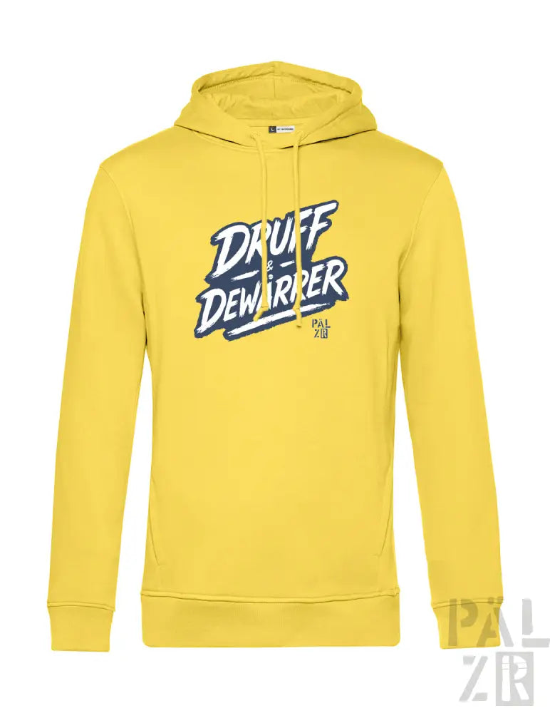 Gelbes Hoodie mit ’druff dewarrer’ Grafikdesign und Kapuze.
