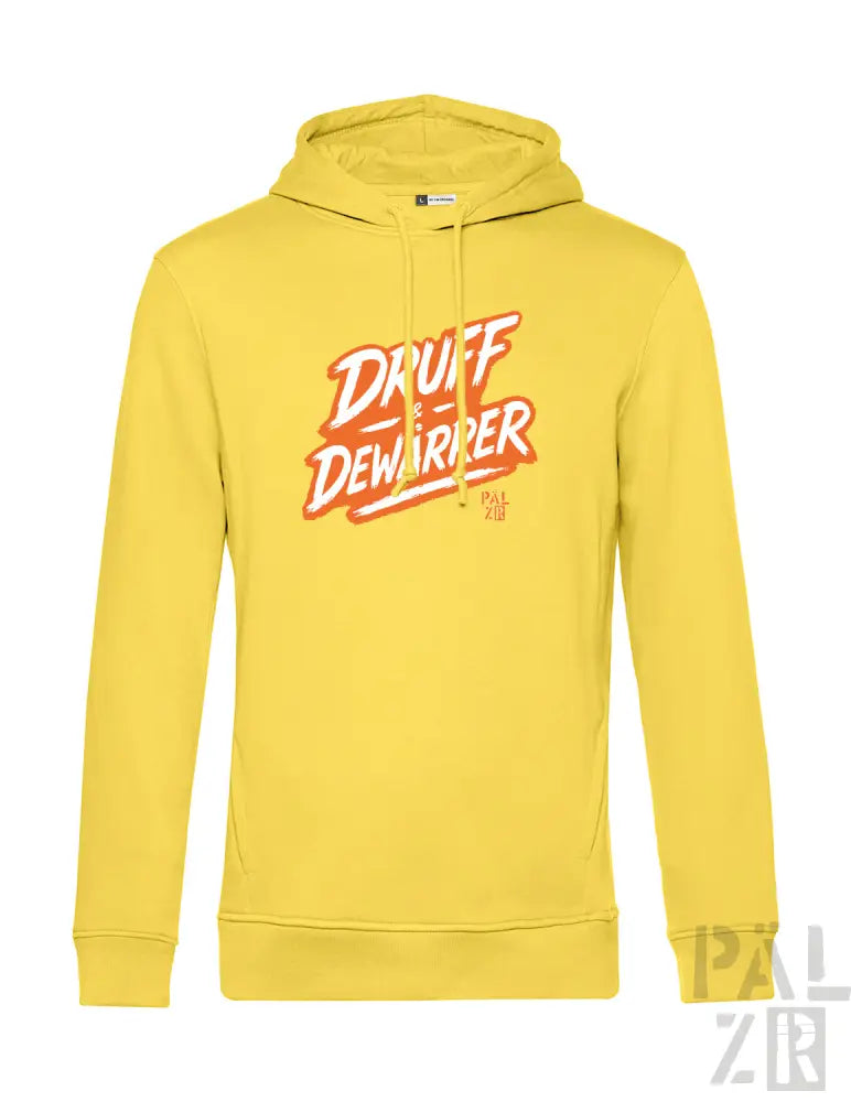 Gelbes Hoodie mit ’druff dewarrer’ Grafikdesign, aus Baumwolle- und Polyestermischung.