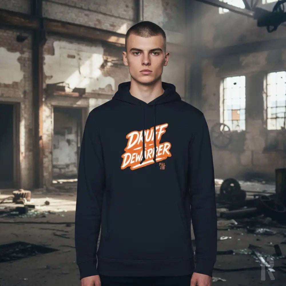 Schwarze Hoodie mit orange-weißer ’daufe dewurver’ Grafikgestaltung, aus Baumwolle gefertigt.