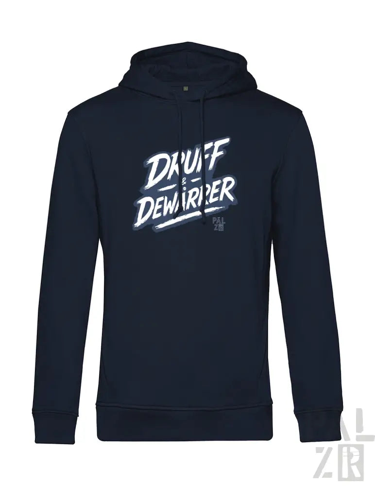 Marineblaue Kapuzenjacke mit Grafikdesign ’dauff dewtriper’ in Weiß und Hellblau, mit Kapuze.