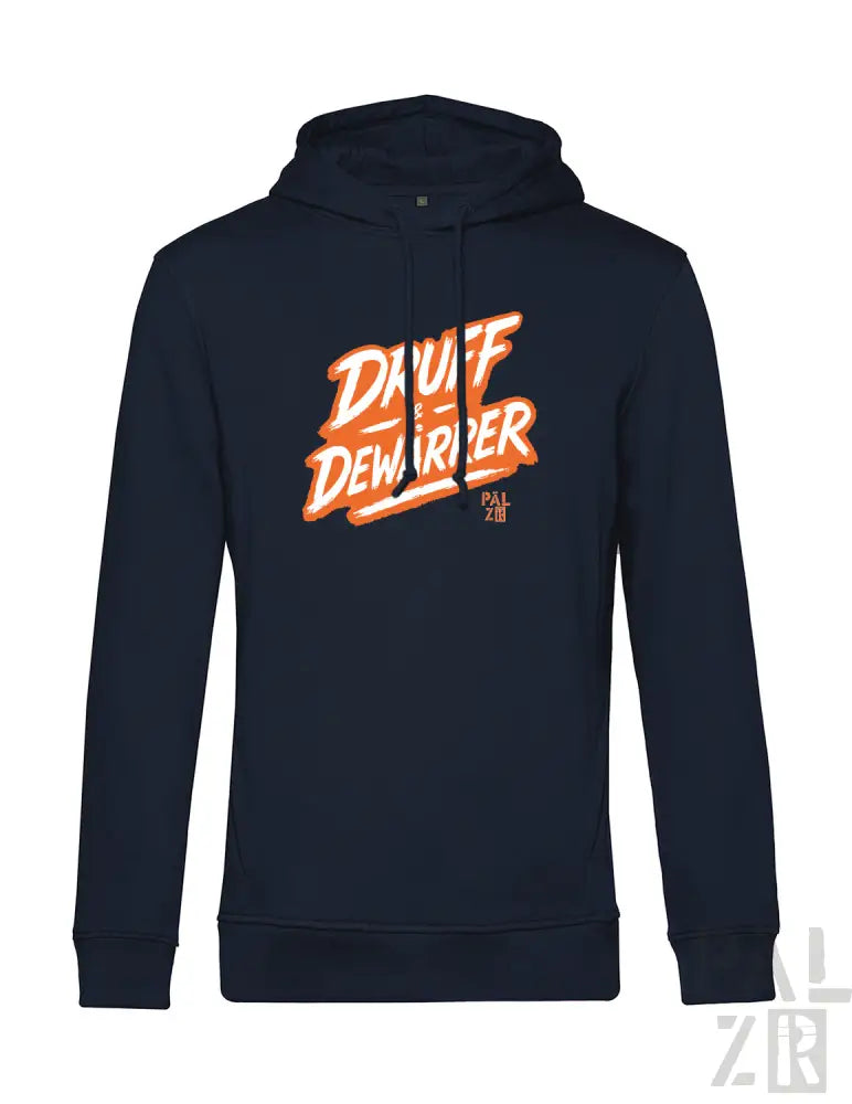 Marineblaue Kapuzenjacke mit orange-weißer ’dawgf dewripper’ Grafikgestaltung, mit Kängurutasche.