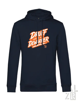 Marineblaue Kapuzenjacke mit orange-weißer ’dawgf dewripper’ Grafikgestaltung, mit Kängurutasche.
