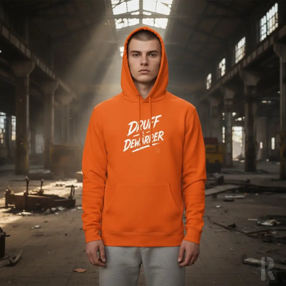 Orangefarbene Kapuzenjacke mit ’druff dewriver’ Textdesign, aus Baumwolle.