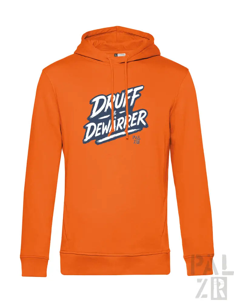 Orange Kapuzenpulli mit ’druff dewarrer’ Grafikdesign.