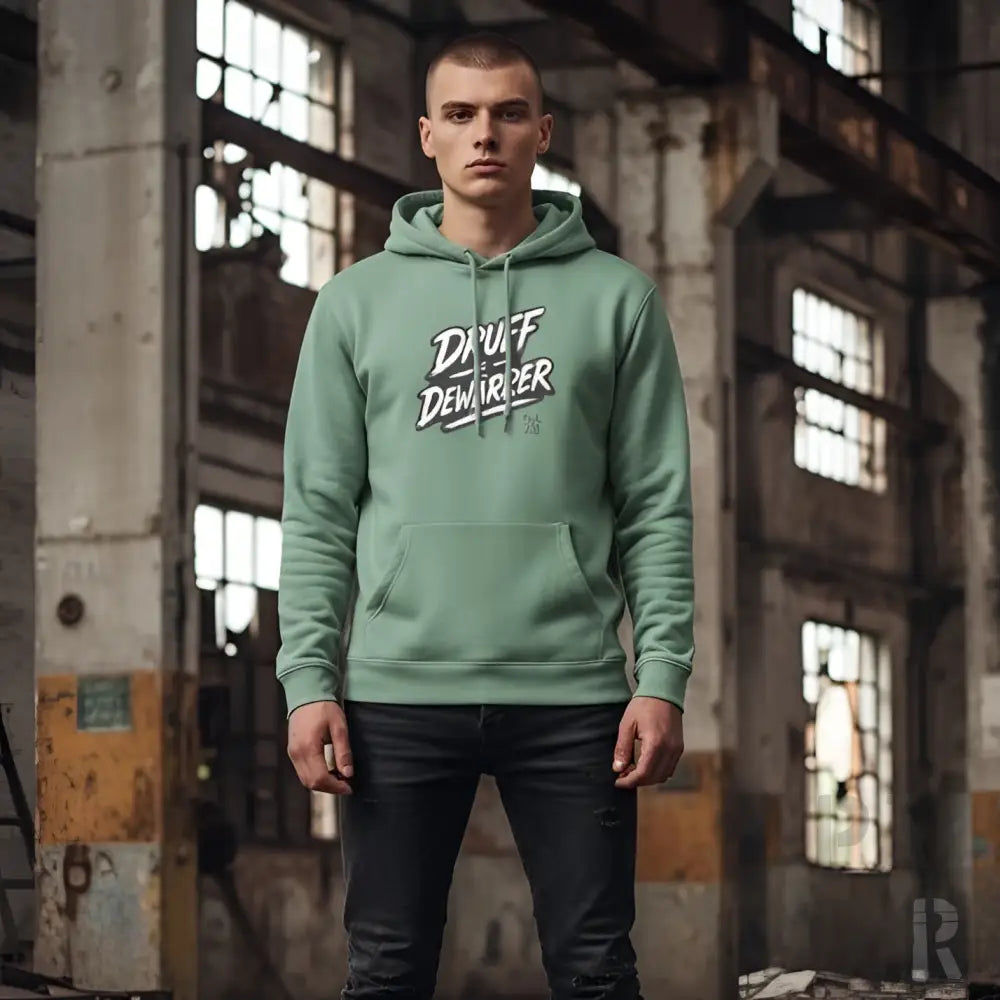 Mintgrüner Hoodie mit ’dawg demarber’ Grafikdesign, aus Fleece-Material.