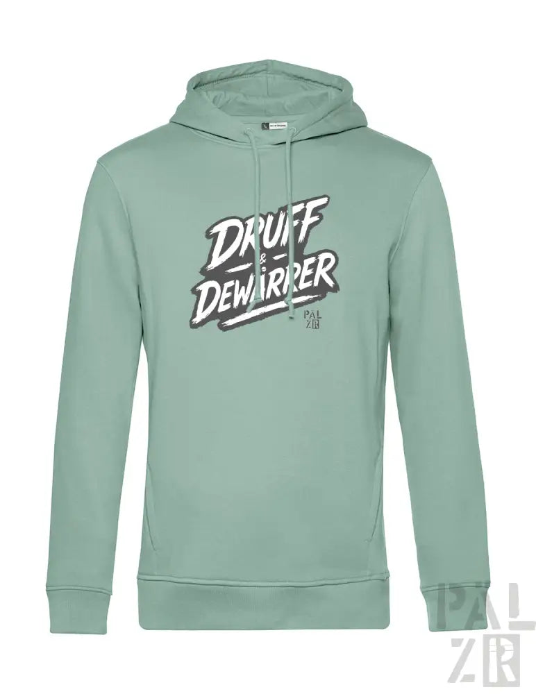 Minzgrüner Hoodie mit ’druff dewarrer’ Grafikdesign.