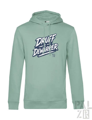 Minzgrüner Hoodie mit ’druff dewarrer’ Grafikdesign, hergestellt aus weicher Baumwollmischung.
