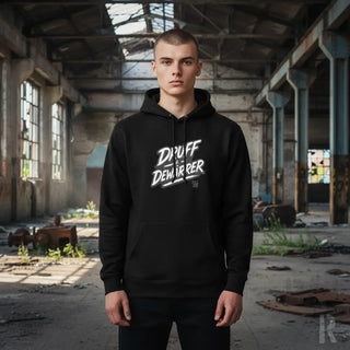 Schwarzer Hoodie mit weißem ’druff dewurrer’ Textdesign, Kapuzen-Sweatshirt.