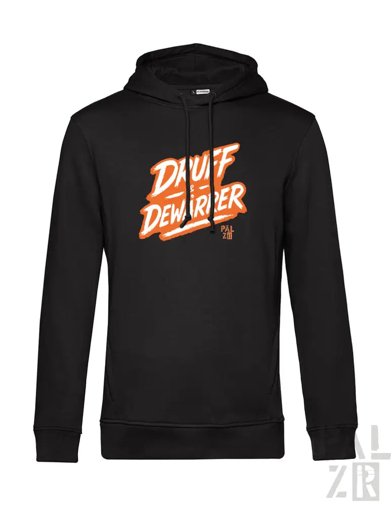 Schwarzes Hoodie mit ’draff dewarper’-Grafik in orange- und weißem Design, Material wahrscheinlich Baumwolle oder Polyester-Mischung.