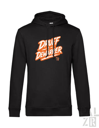 Schwarzes Hoodie mit ’draff dewarper’-Grafik in orange- und weißem Design, Material wahrscheinlich Baumwolle oder Polyester-Mischung.