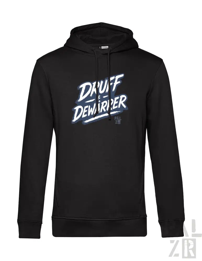 Schwarze Hoodie mit weißem ’dauff dewarrper’ Grafikdesign, aus Baumwolle gefertigt.